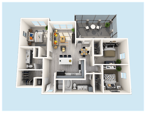 Floor plan for 3 beds, 2 baths, 1372 sqft